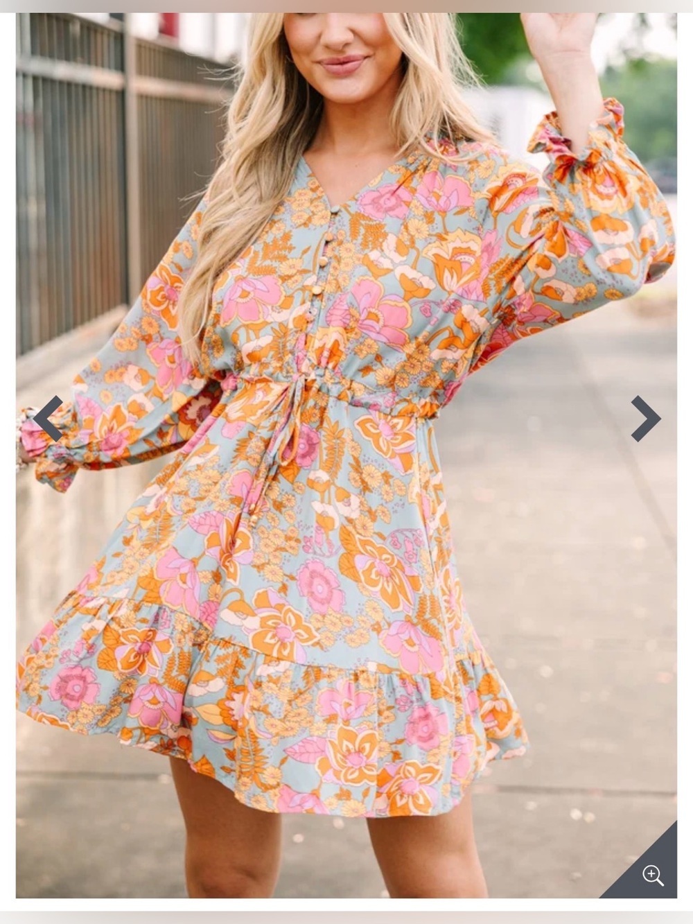 Aakaa Boho Floral Mini Dress Tie Waist Ruffle Hem Retro Groovy Floral Pattern